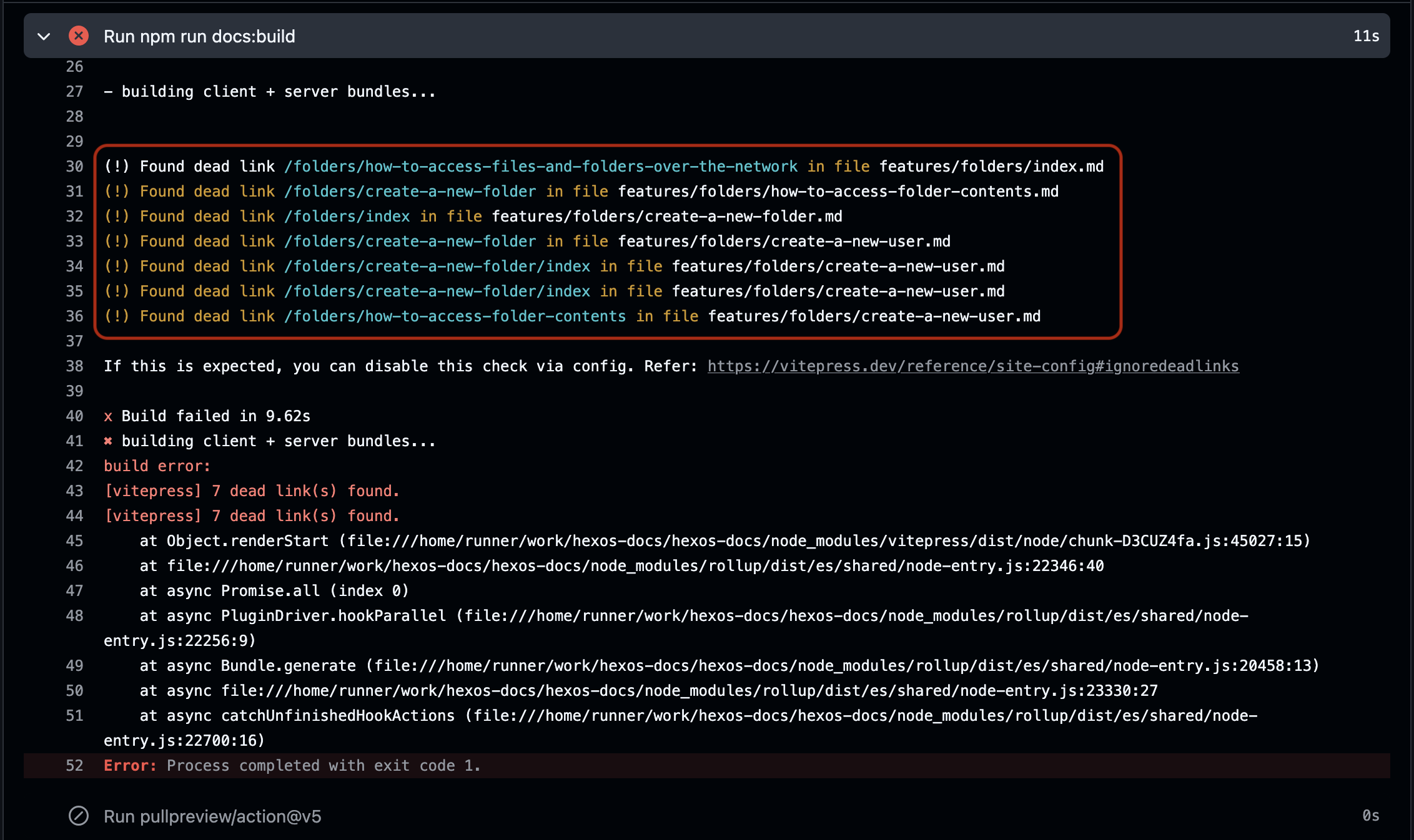 Build failure showing dead links